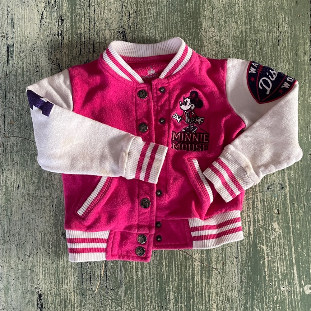Disney Parks Pink Minnie Mouse Varsity style jacket. Size xxs (approx. 3-4t)